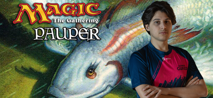 PieGonti the Magic: The Gathering Pauper player in front of Mulldrifter card artwork from Magic: The Gathering